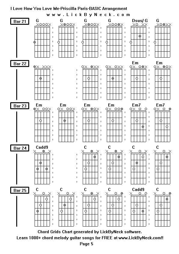 Chord Grids Chart of chord melody fingerstyle guitar song-I Love How You Love Me-Priscilla Paris-BASIC Arrangement,generated by LickByNeck software.